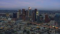 Downtown Los Angeles skyline with new skyscraper, Wilshire Grand Center, twilight, California Aerial Stock Photos | AX0158_044.0000179