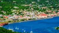 The seaside Caribbean island town of Charlotte Amalie, St. Thomas, US Virgin Islands  Aerial Stock Photos | AX102_205.0000000F
