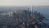 Freedom Tower and Lower Manhattan at sunrise in New York City Aerial Stock Photos | AX118_206.0000000F