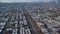 Tree-lined street through Brooklyn in Autumn, New York City Aerial Stock Photos | AX120_081.0000093F