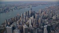 Lower Manhattan skyscrapers and the Hudson River in New York City Aerial Stock Photos | AX120_095.0000000F