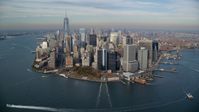 Battery Park and Lower Manhattan skyscrapers in Autumn, New York City Aerial Stock Photos | AX120_123.0000000F