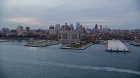 Piers 5 and 6 and Brooklyn skyline at sunset in New York City Aerial Stock Photos | AX121_020.0000174F