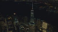 The World Trade Center Memorial and Freedom Tower at night in New York City Aerial Stock Photos | AX121_179.0000056F