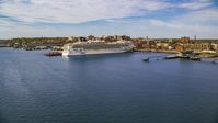 Aerial stock photo of cruise ship docked at a pier, autumn, Portland, Maine Aerial Stock Photos | AX147_322.0000000