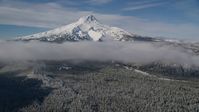 A snowy mountain peak, low clouds, and forest, Mount Hood, Cascade Range, Oregon Aerial Stock Photos | AX154_118.0000335F