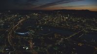 Moda Center, Memorial Coliseum by the Willamette River, Downtown Portland, Oregon, night Aerial Stock Photos | AX155_312.0000000F