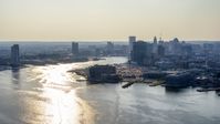 The Patapsco River and Downtown Baltimore skyline, Maryland Aerial Stock Photos | AXP073_000_0009F