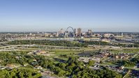 A wide view of skyline and Arch from interstate and park, Downtown St. Louis, Missouri Aerial Stock Photos | DXP001_022_0007