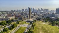 The WWI memorial and museum in Kansas City, Missouri, with a view of the downtown skyline Aerial Stock Photos | DXP001_043_0006