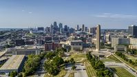 The city's downtown skyline and the WWI memorial in Kansas City, Missouri Aerial Stock Photos | DXP001_044_0012