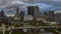 A view of the city skyline from a bridge spanning the Scioto River, Downtown Columbus, Ohio Aerial Stock Photos | DXP001_087_0003