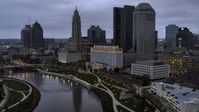 The Scioto River and city skyline at twilight, Downtown Columbus, Ohio Aerial Stock Photos | DXP001_087_0008