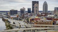 The city's skyline seen from an offramp in Downtown Louisville, Kentucky Aerial Stock Photos | DXP001_095_0005