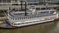 Close-up view of the historic riverboat docked by Downtown Louisville, Kentucky Aerial Stock Photos | DXP001_095_0017