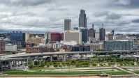 The city skyline seen from riverfront park, Downtown Omaha, Nebraska Aerial Stock Photos | DXP002_169_0001