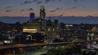 The city's skyline at twilight in Downtown Omaha, Nebraska Aerial Stock Photos | DXP002_173_0004