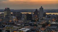 A view of the city's downtown skyline at twilight, Downtown Memphis, Tennessee Aerial Stock Photos | DXP002_187_0002