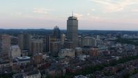 HD stock footage aerial video approach 111 Huntington Avenue and Prudential Tower in Downtown Boston, Massachusetts, twilight Aerial Stock Footage | AF0001_000807