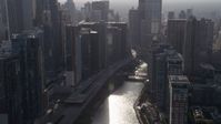 4.8K stock footage aerial video fly over bridge at the mouth of the Chicago River, Downtown Chicago, Illinois Aerial Stock Footage | AX0002_052