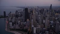 4.8K stock footage aerial video approach John Hancock Center and waterfront high-rises at twilight, Downtown Chicago, Illinois Aerial Stock Footage | AX0003_095
