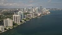 5K stock footage aerial video of tilt from Rickenbacker Causeway to reveal condominiums and skyscrapers of Downtown Miami, Florida Aerial Stock Footage | AX0020_018