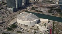 5K stock footage aerial video approach American Airlines Arena in Downtown Miami, Florida Aerial Stock Footage | AX0020_029