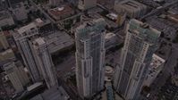 5K stock footage aerial video of the Vizcayne towers in Downtown Miami at sunset, Florida Aerial Stock Footage | AX0022_033E