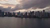 5K stock footage aerial video of Downtown Miami skyline at sunset seen from Biscayne Bay, Florida Aerial Stock Footage | AX0022_054E