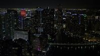 5K stock footage aerial video of Brickell Key and Downtown Miami skyscrapers at nighttime, Florida Aerial Stock Footage | AX0023_035