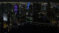 5K stock footage aerial video pan across Downtown Miami skyscrapers at night, Florida Aerial Stock Footage | AX0023_054