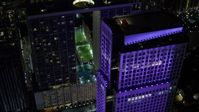 5K stock footage aerial video of 500 Brickell and Brickell World Plaza high-rises at night in Downtown Miami, Florida Aerial Stock Footage | AX0023_167