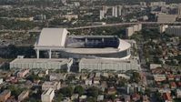 5K stock footage aerial video of approaching Marlins Park Stadium, Miami, Florida Aerial Stock Footage | AX0024_028