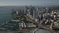 5K stock footage aerial video of American Airlines Arena, Bayfront Park, and skyscrapers in Downtown Miami, Florida Aerial Stock Footage | AX0024_039E