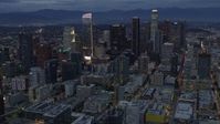 7.6K stock footage aerial video of the tall towers of downtown at twilight in Downtown Los Angeles, California Aerial Stock Footage | AX0158_046