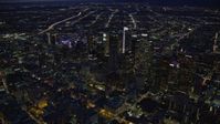 7.6K stock footage aerial video of the lights and skyscrapers of Downtown Los Angeles, California at night Aerial Stock Footage | AX0158_078