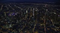 7.6K stock footage aerial video of Downtown Los Angeles, California lit up at nighttime Aerial Stock Footage | AX0158_079