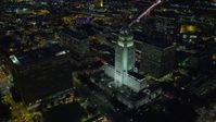7.6K stock footage aerial video approaching and flying by Los Angeles City Hall at night in Downtown Los Angeles, California Aerial Stock Footage | AX0158_106