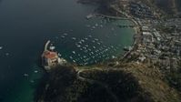 7.6K stock footage aerial video of a reverse view of the harbor and the coastal town of Avalon, Catalina Island, California Aerial Stock Footage | AX0159_253