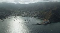 7.6K stock footage aerial video of boats anchored in Avalon Bay by the island town, Santa Catalina Island, California Aerial Stock Footage | AX0159_259