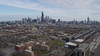 4K stock footage aerial video of a view of the Downtown Chicago, Illinois skyline seen from the West Side Aerial Stock Footage | AX0166_0001