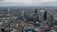 5.5K stock footage aerial video of an orbit of skyscrapers, The Shard in the distance, Central London, England Aerial Stock Footage | AX114_031