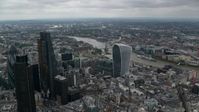 5.5K stock footage aerial video approach 20 Fenchurch Street and Tower Bridge over River Thames, Central London, England Aerial Stock Footage | AX114_047