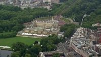 5.5K stock footage aerial video of flying by the back of Buckingham Palace, London, England Aerial Stock Footage | AX114_216