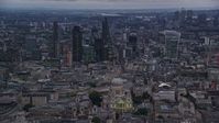 5.5K stock footage aerial video pan across skyscrapers and Central London cityscape, London, England, twilight Aerial Stock Footage | AX116_081