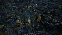 5.5K stock footage aerial video of panning across Central London office buildings, England, night Aerial Stock Footage | AX116_172