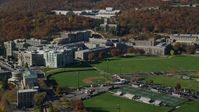 5.5K stock footage aerial video orbit the West Point Military Academy in Autumn, West Point, New York Aerial Stock Footage | AX119_168