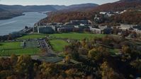 5.5K stock footage aerial video of circling West Point Military Academy in Autumn, West Point, New York Aerial Stock Footage | AX119_169E