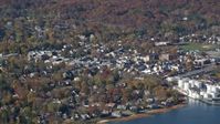 5.5K stock footage aerial video of a small coastal community in Autumn, Oyster Bay, New York Aerial Stock Footage | AX119_244