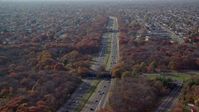 5.5K stock footage aerial video of a freeway in Autumn, Farmingdale, New York Aerial Stock Footage | AX120_003E